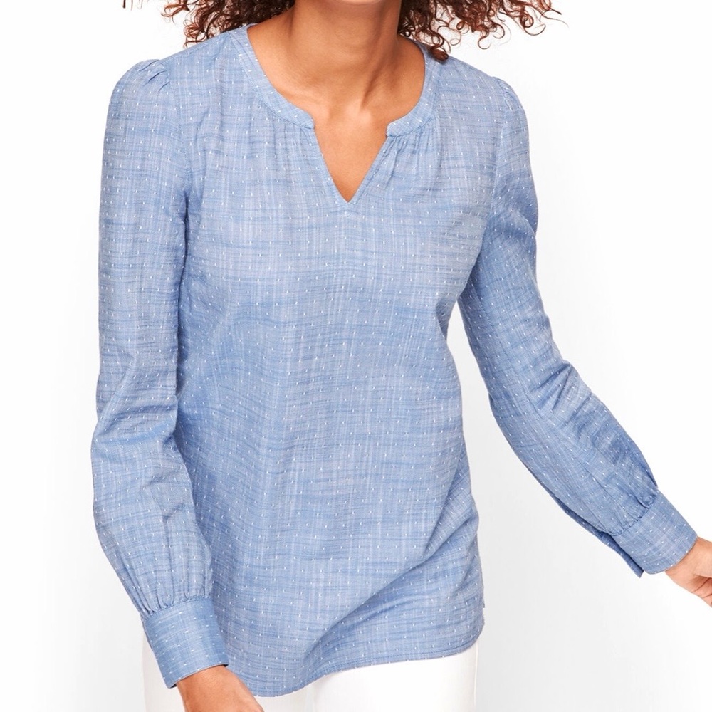 Talbots Poet Long Sleeve Cotton Popover Chambray Dot Peasant V Neck Size MP